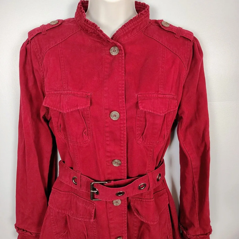Converse One Star Red Cotton Utility Field Jacket Ruffle Neck Belted Womens L - Picture 2 of 10